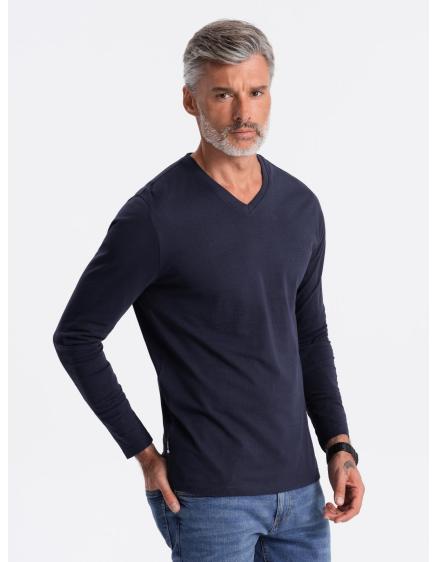 E-shop Pánske tričko s dlhým rukávom V-NECK bez potlače tmavomodré