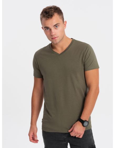 E-shop Pánske klasické bavlnené tričko s výstrihom BASIC dark olive