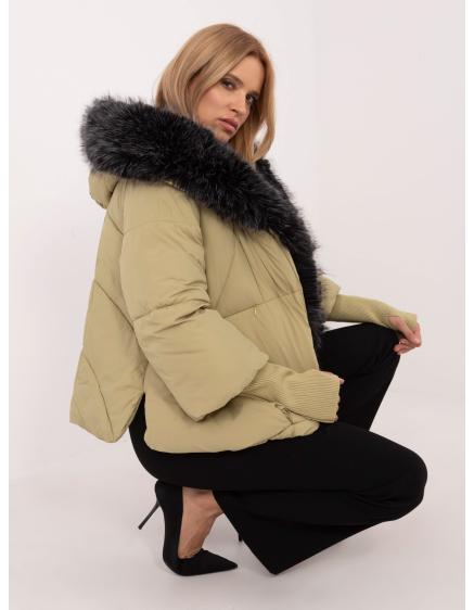 Olivová prešívaná zimná bunda s dlhými rebrovanými lemami