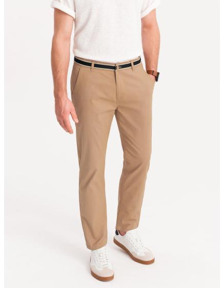 E-shop Pánske chino nohavice s ozdobným pásom - pieskové V5 OM-PACP-0118