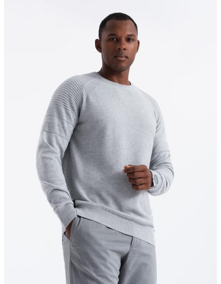 Pánsky raglánový sveter s rebrovanými rukávmi - sivý V3