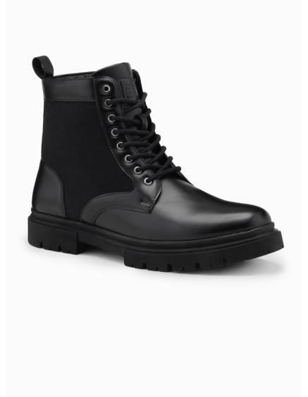 Pánske vysoké turistické topánky z kombinovaných materiálov – čierne V1 OM-FOBO-0174