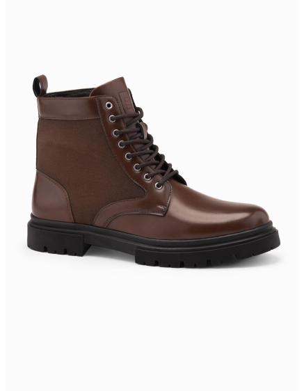 Pánske turistické topánky s vysokým zvrškom z kombinovaných materiálov – tmavohnedé V2 OM-FOBO-0174