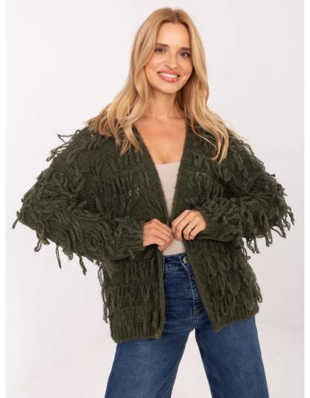 E-shop Khaki dámsky kardigán s fringami RUE PARIS