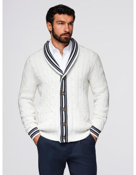 Pánsky sveter v preppy štýle so šálovým golierom – biely V1 OM...