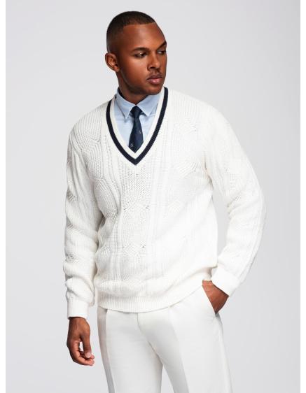 Pánsky sveter s kockovaným vzorom a okrúhlym výstrihom – biely...