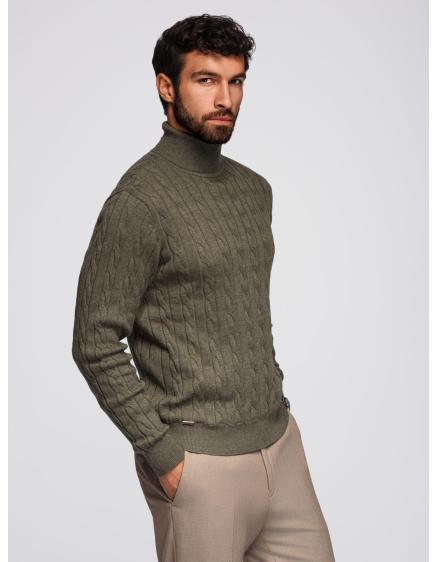 Pánsky sveter s rolákom a kockovaným vzorom – olivový V2 OM-SW...