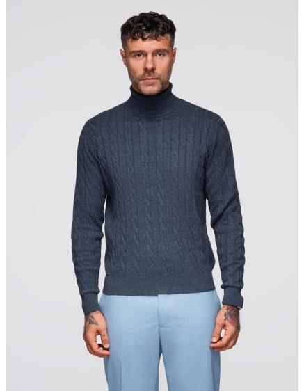 Pánsky sveter s rolákom a kockovaným vzorom – tmavomodrý V3 OM...