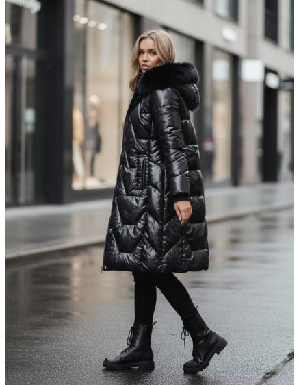 Dámska dlhá prešívaná zimná bunda ELECIO s kapucňou, čierna