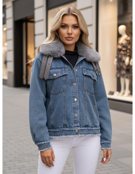 Dámska džínsová bunda FURDENIM s kožušinovým lemovaním, svetlo modrá