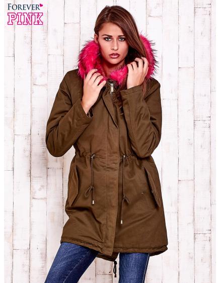 Dámska bunda parka s ružovým kožušinovým golierom zateplená DU...