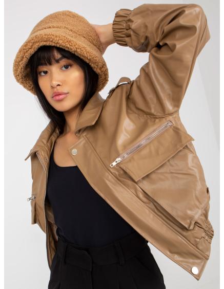 Dámska bunda s vreckami krátka prešívaná kožená MACI tmavo béžová