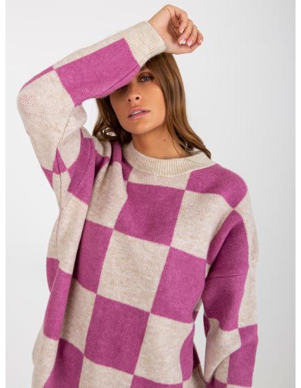 Dámsky sveter oversize kockovaný ALPHA fialovo-béžový
